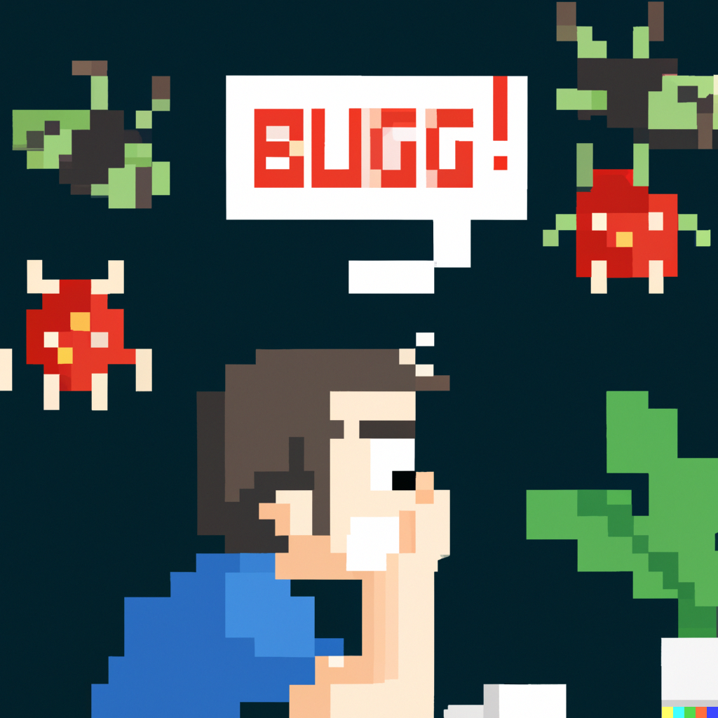 DALL·E 2023 08 01 09.26.21 A software developer has nightmares about bugs pixel art